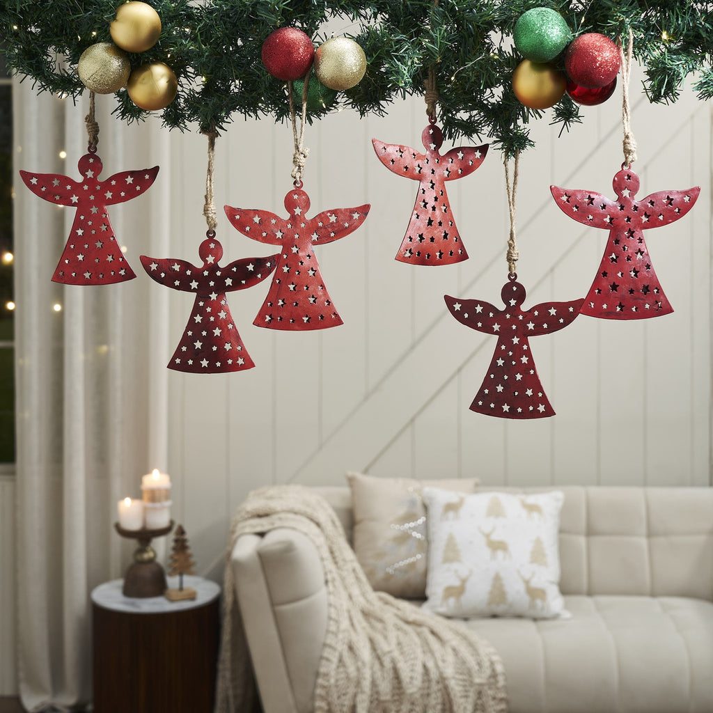 VHC Brands Antique Red Metal Angel Ornament Set of 6 - 6.5 inch