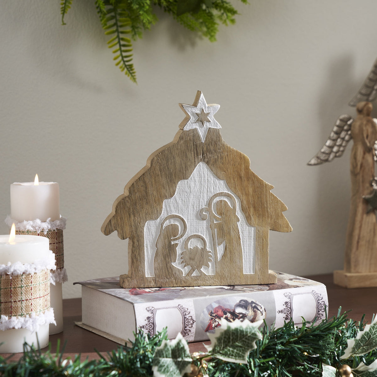 VHC Brands Star of Bethlehem Natural Wooden Nativity Scene 8x8x1