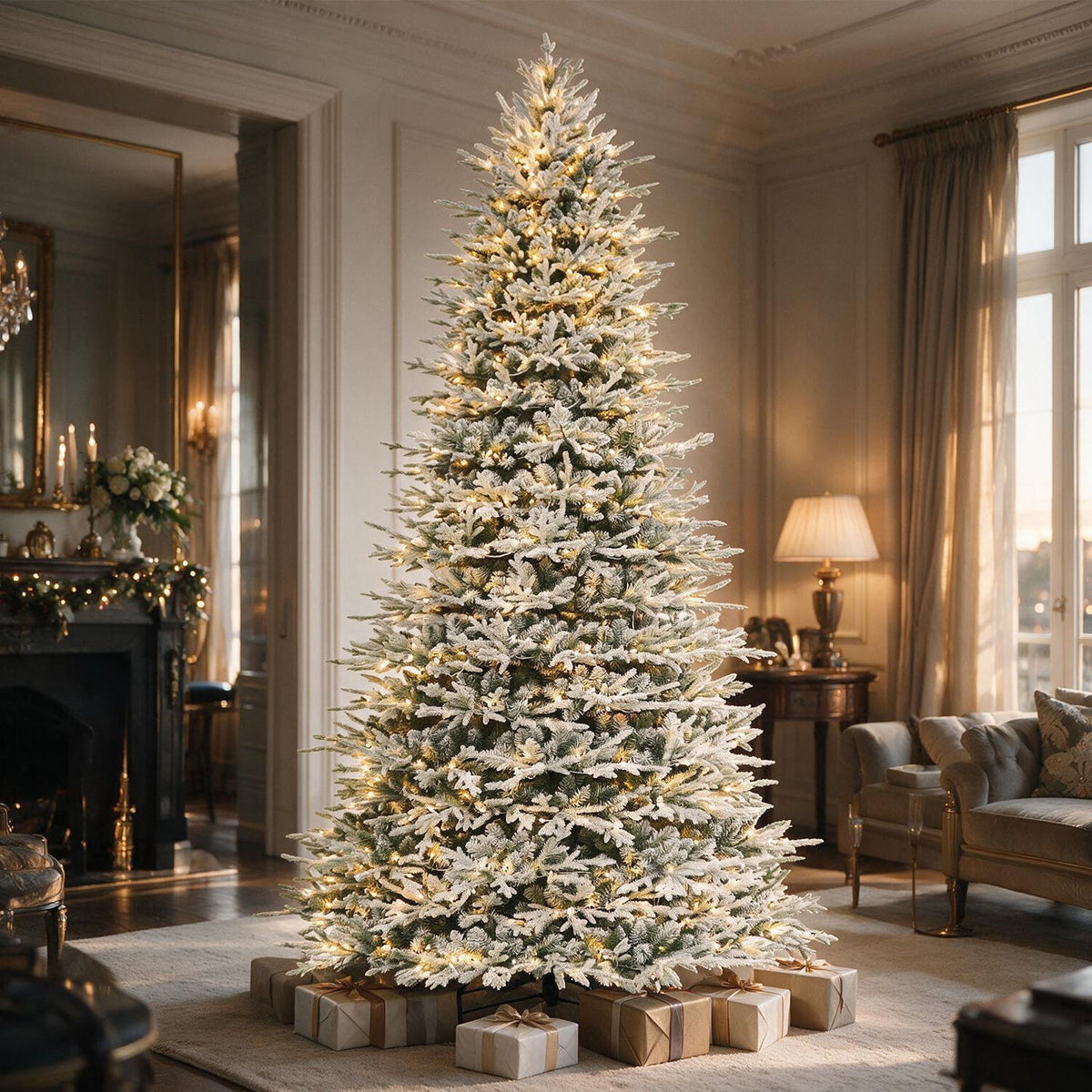 VIVATREES 7.5ft Pre-lit Artificial Christmas Tree 3325 Hinged Mixed PVC PE Branch Tips Spruce w/ 450 Warm White LED Lights Foldable Base