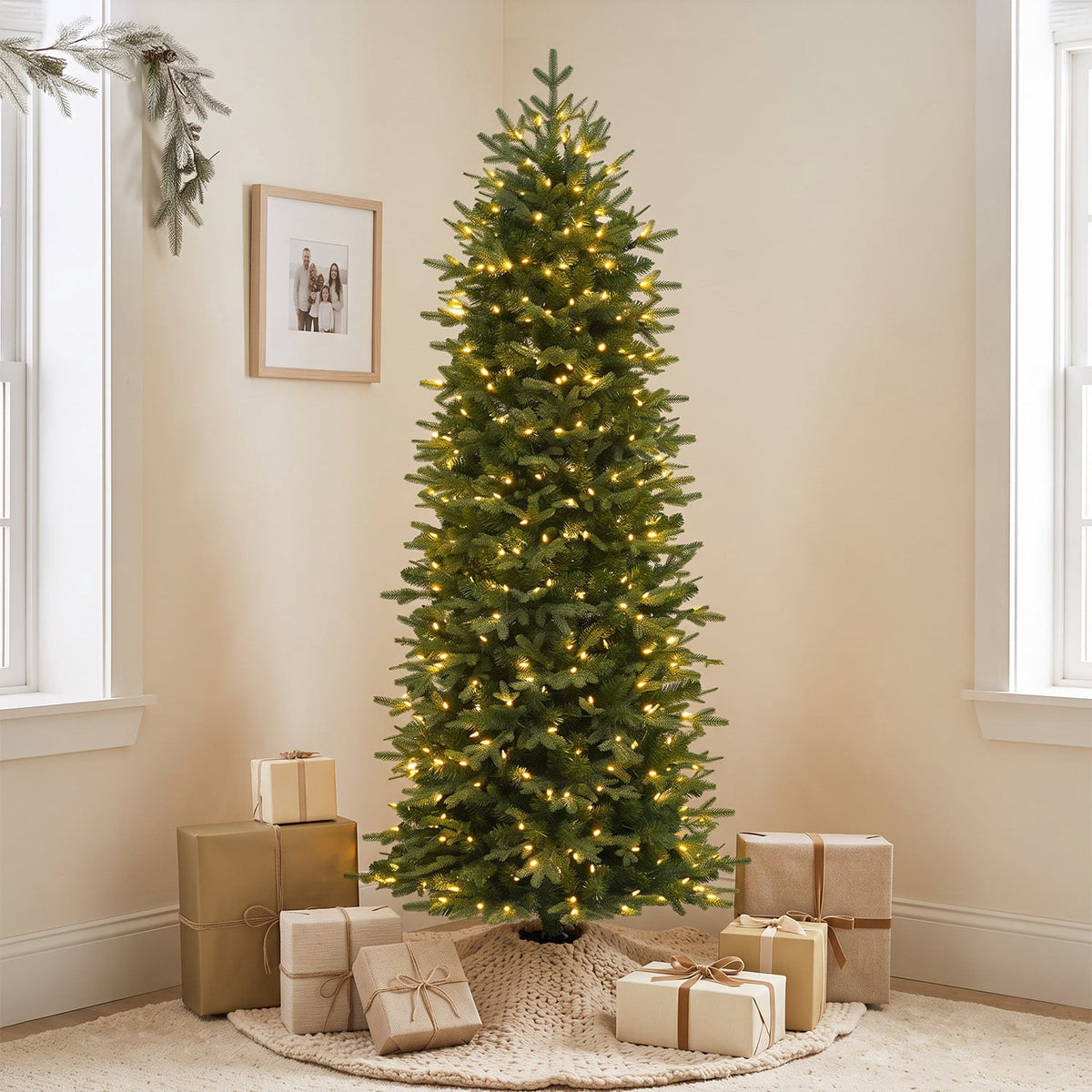 VIVATREES 6ft Pre-lit Slim Artificial Christmas Tree Hinged Mixed PVC PE Branch Tips Warm White LED Lights Foldable Base