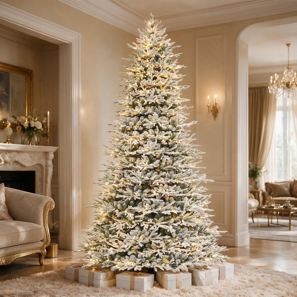 VIVATREES 7.5ft Pre-lit Artificial Christmas Tree 3325 Hinged Mixed PVC PE Branch Tips Spruce w/ 450 Warm White LED Lights Foldable Base