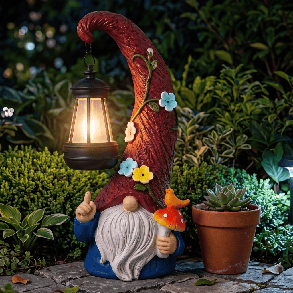 Volivo 13inch Garden Gnome Statue, Solar Powered Gnome Decor with LED Lantern, Waterproof for Patio Garden Pathway