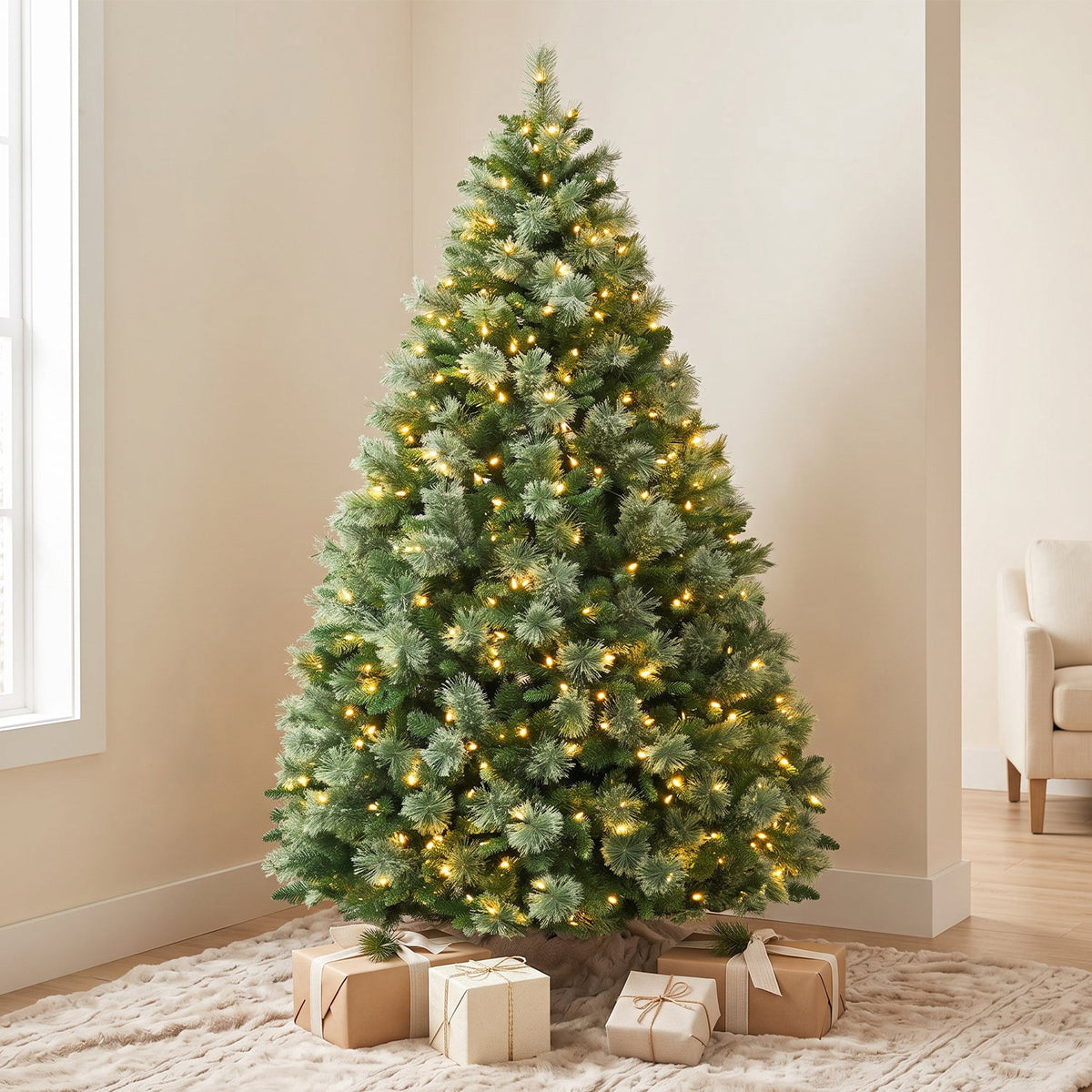 VIVATREES 6ft Pre-lit Artificial Christmas Tree 930 Hinged Branch Tips Spruce w/ Pine Needle 350 Warm White LED Lights Foldable Base