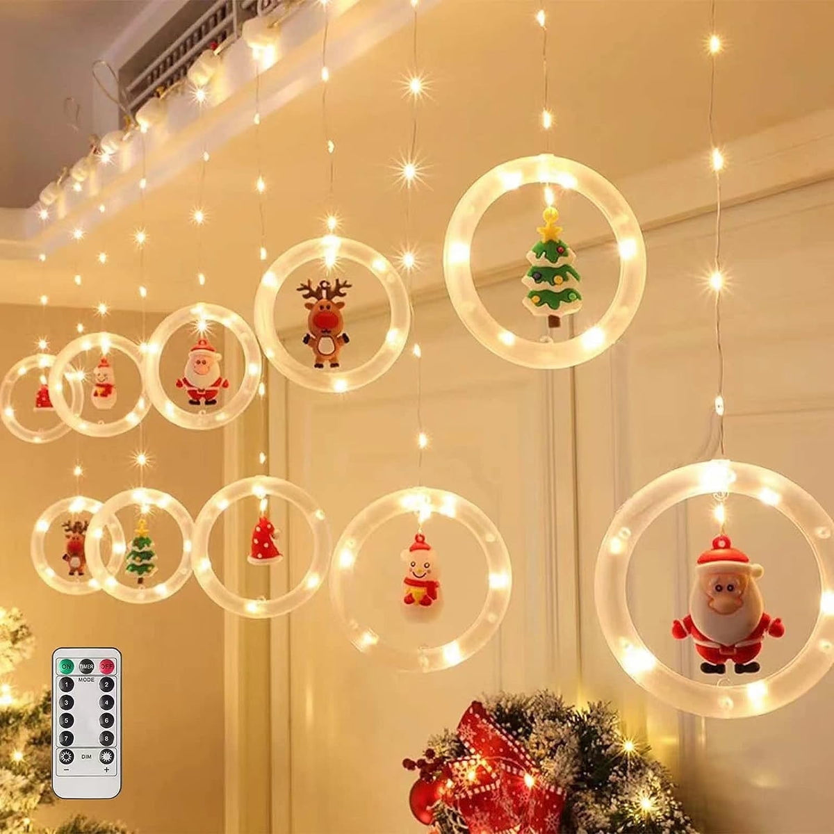 WILLED Christmas String Lights, 120 LED Window Curtain Lights with Christmas Ornaments, 9.8ft USB Powered Warm White Waterproof Fairy Lights Indoor Outdoor for Xmas Tree Patio Garden Party Home Decor