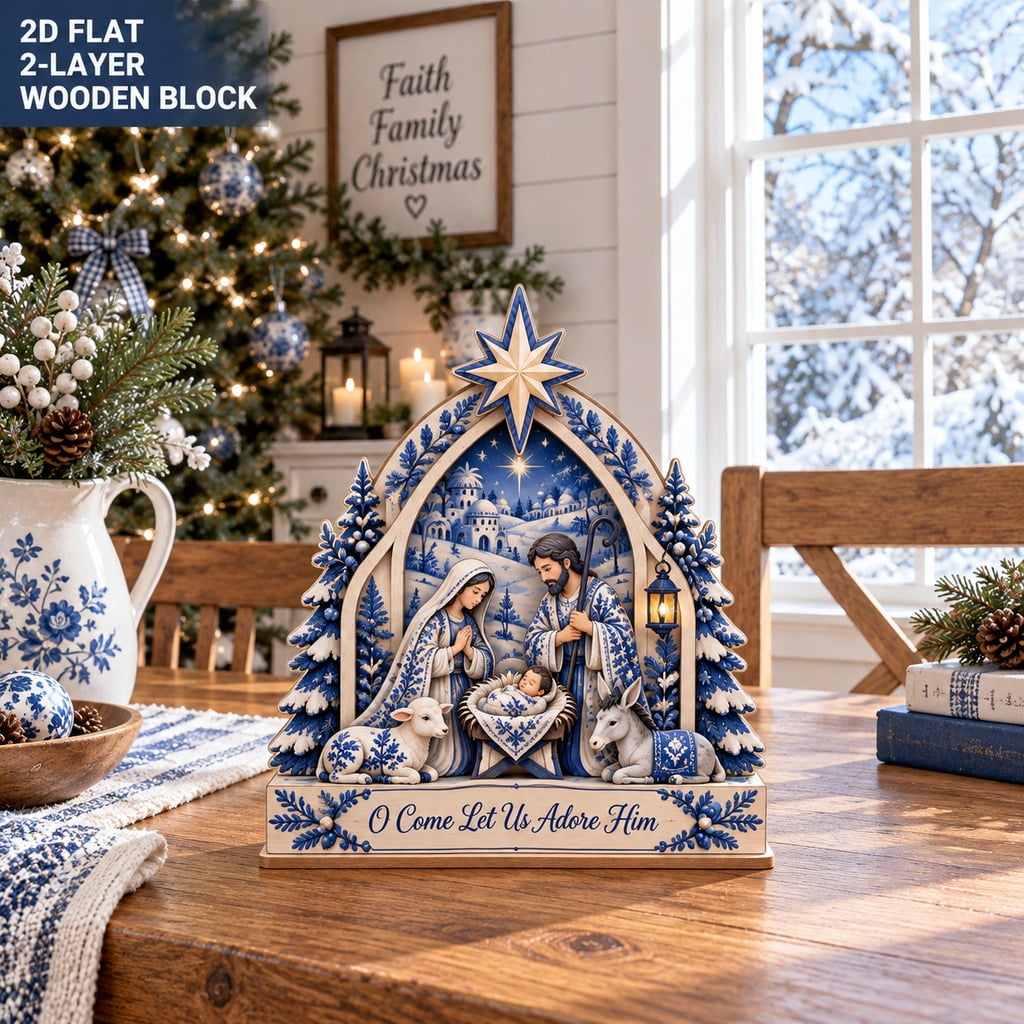 Wooden Block Blue and White Nativity Scene for Tabletop Display, Christian Christmas Gift