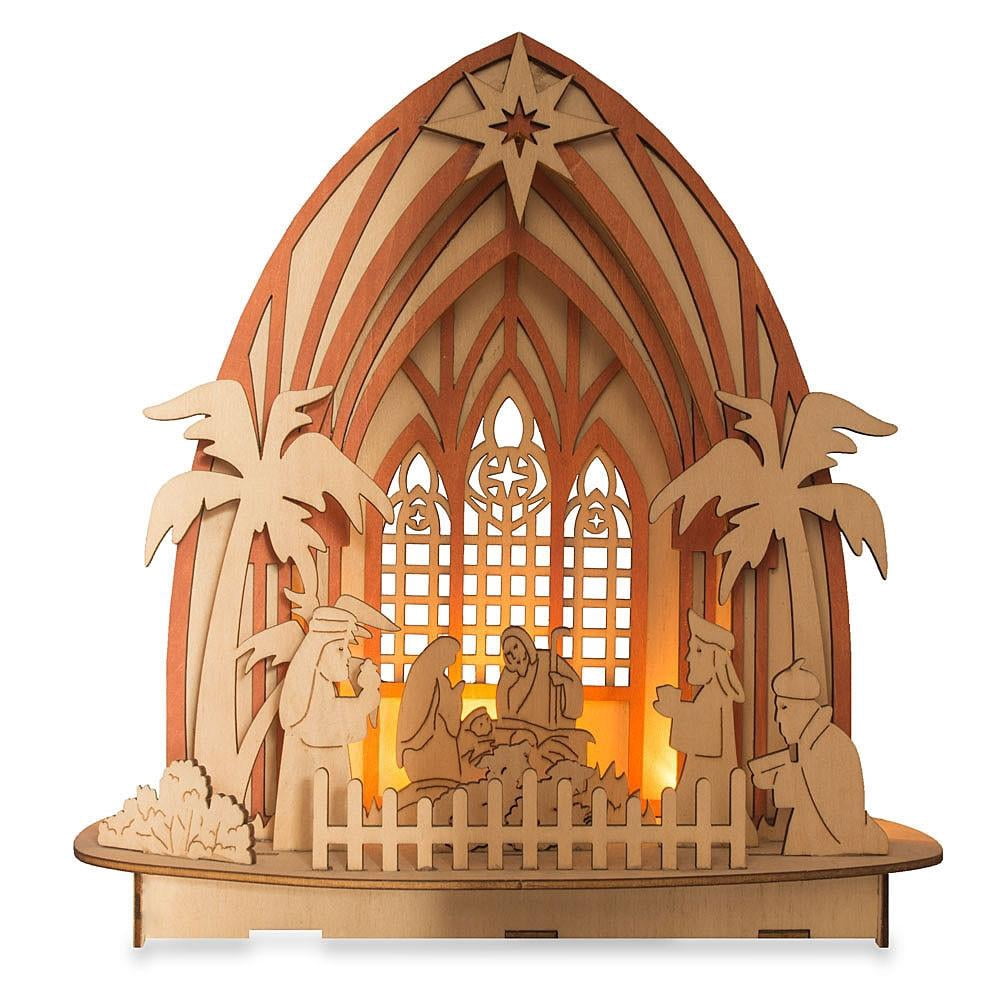 Wooden Nativity Scene Set with LED Lights 11 Inches