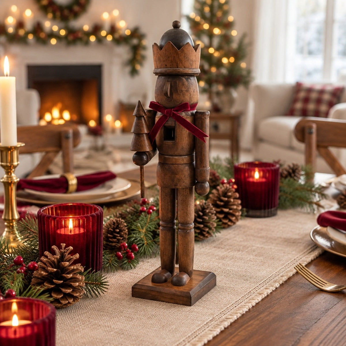 Wooden Nutcracker Figurine 15" Painted Christmas Soldier Statue – Traditional Holiday Decor for Mantel Shelf Floor Corner – Brown 1-Piece