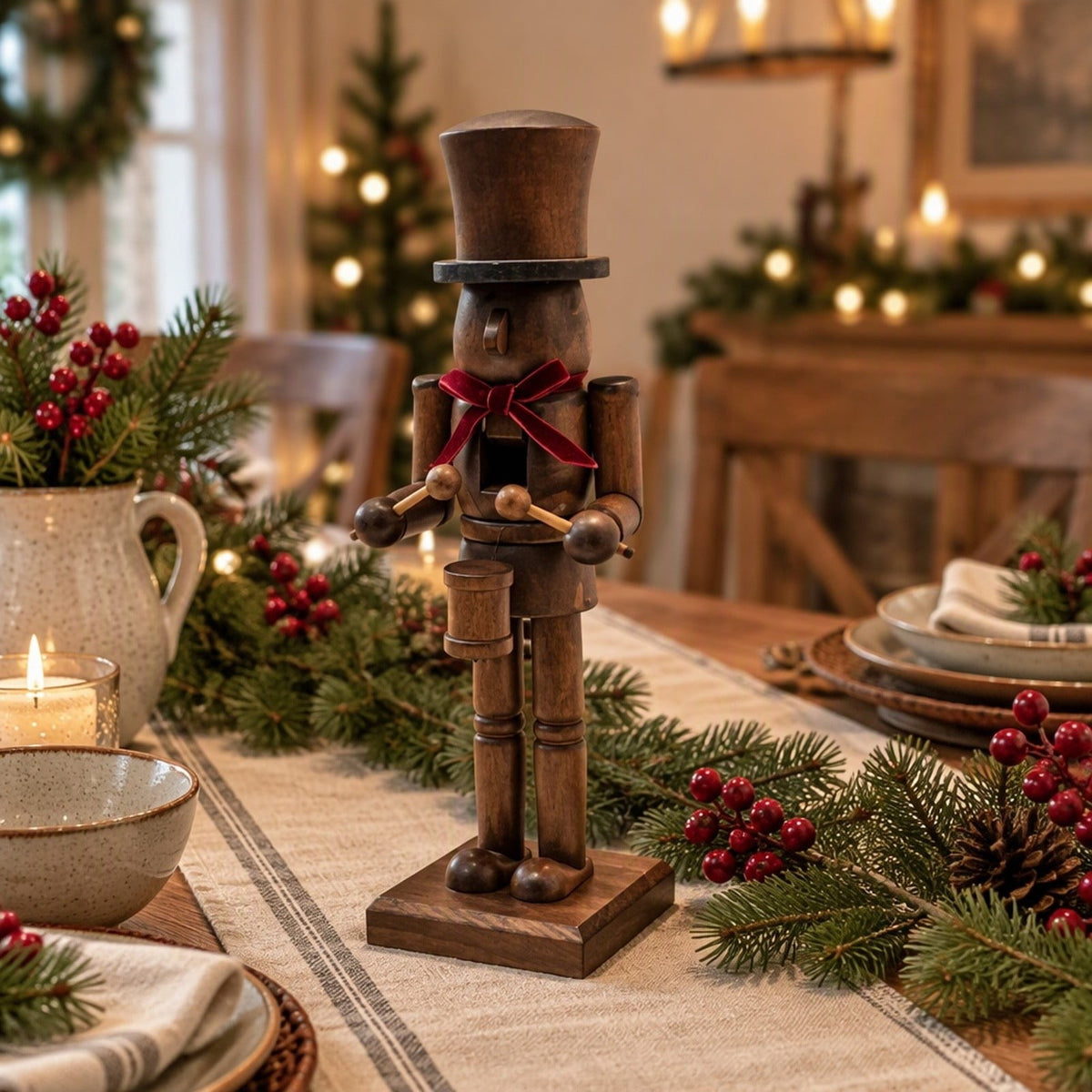 Wooden Nutcracker Figurine 15" Painted Christmas Soldier Statue – Traditional Holiday Decor for Mantel Shelf Floor Corner – Brown 1-Piece