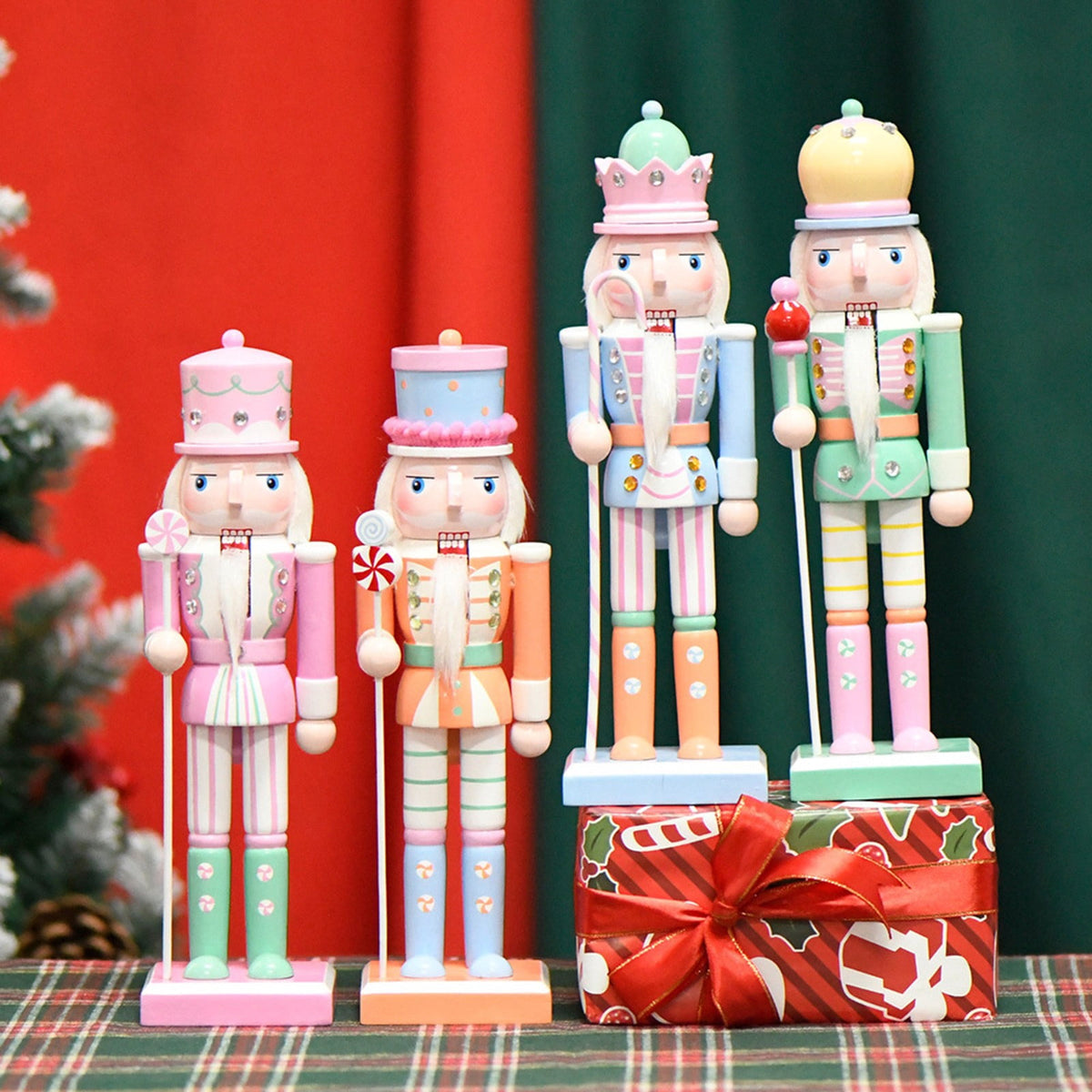 Wooden Nutcracker Soldier Figurine 4-Piece Set, Christmas Tabletop Decor for Mantel Shelf Window Holiday Home Decoration 14.96"