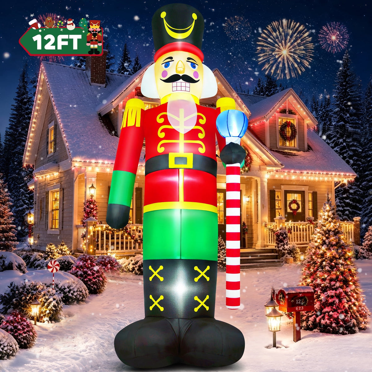 Yexmas 12FT Christmas Inflatable Nutcracker Soldier, Blow Up Yard Xmas Decor with LED Light&Candy Cane for Holiday Party Lawn Garden Outdoor Decor