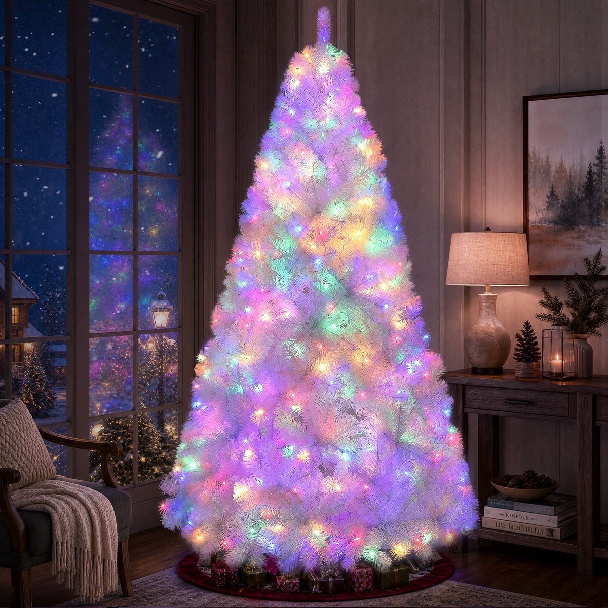Yexmas Pre-Lit Artificial Christmas Tree,7.5ft White Christmas Tree with 450 Warm White & Multicolor Lights,Xmas Tree for Home, Holiday Party Decorations