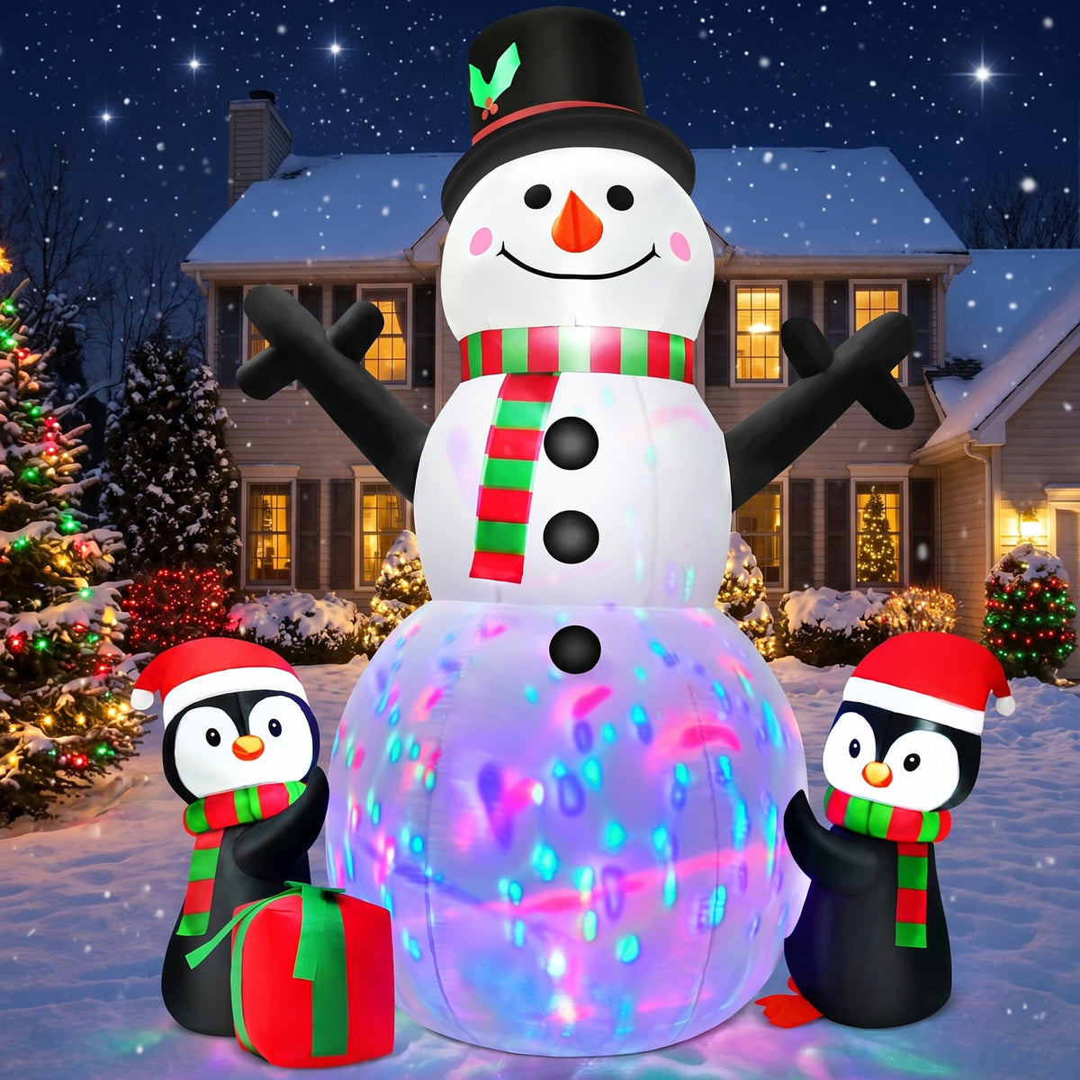 Yexmas 6FT Christmas Snowman Inflatables,Outdoor Snowman Decor with Penguins & Gift Boxes,Xmas Blow Up Yard Inflatables for Party Indoor Garden Lawn Decor