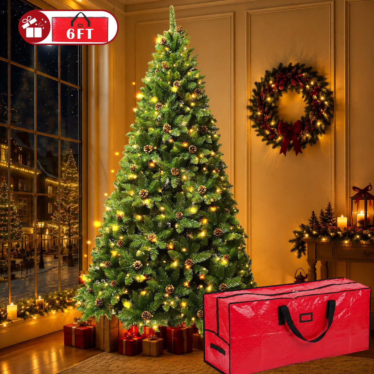 Yexmas 6FT Pre-Lit Green Christmas Tree with Pinecones, Artificial Xmas Tree with Large Storage Bag for Indoor Christmas Decorations