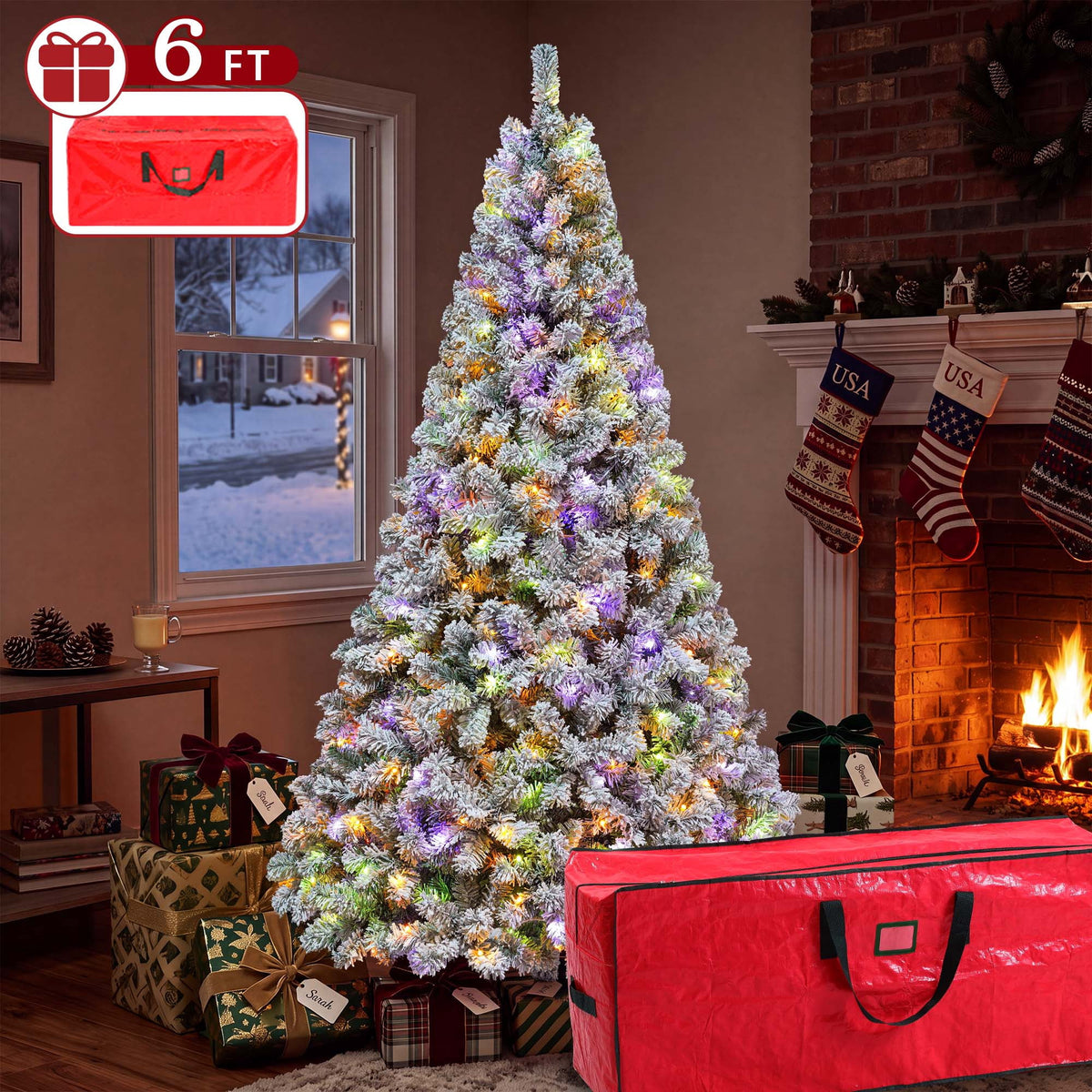 Yexmas 6FT Pre-Lit Snow Flocked Christmas Tree,Artificial White Christmas Tree with Large Christmas Tree Storage Bag,11 Modes Warm White & Multicolor LED Lights for Xmas Decoration