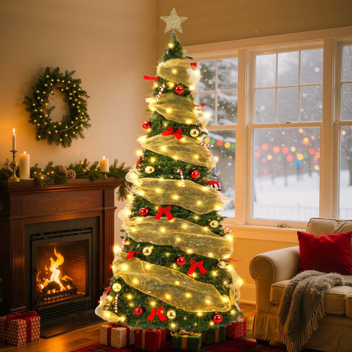 Yexmas 7.5FT Pop-Up Artificial Christmas Tree with 300LED Lights,Green Prelit Christmas Tree with Foldable Base
