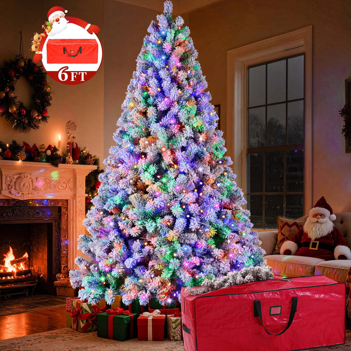 Yexmas 6FT Pre-Lit Snow Flocked Christmas Tree,Artificial White Christmas Tree with Large Christmas Tree Storage Bag,11 Modes Warm White & Multicolor LED Lights for Xmas Decoration