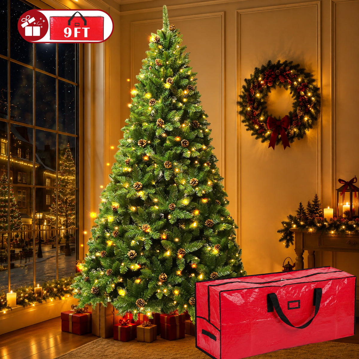 Yexmas 9FT Pre-Lit Green Christmas Tree with Pinecones, Artificial Xmas Tree with Large Storage Bag for Indoor Christmas Decorations