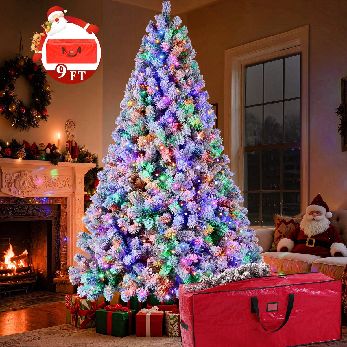 Yexmas 7.5FT Pre-Lit Snow Flocked Christmas Tree,Artificial White Christmas Tree with Large Christmas Tree Storage Bag,11 Modes Warm White & Multicolor LED Lights for Xmas Decoration