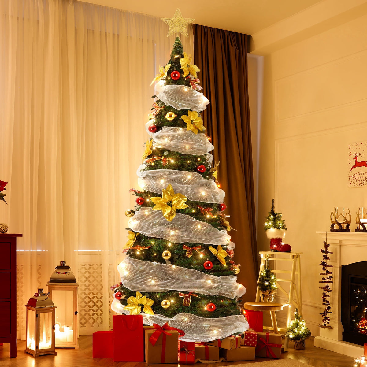 Yexmas 7.5FT Pre-Lit Christmas Tree,Green Pop Up Christmas Trees for Indoor Holiday Party Decorations
