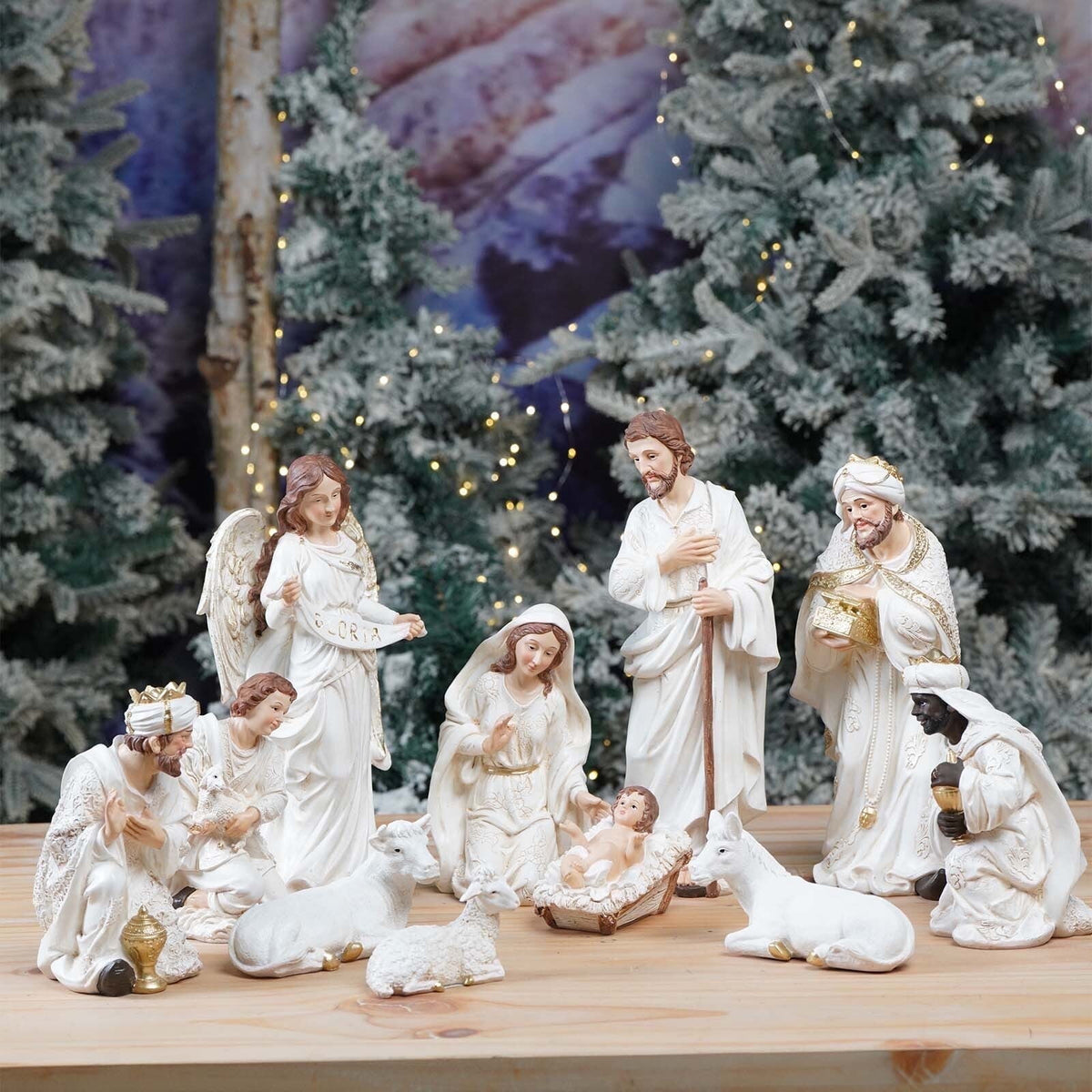 Zayton 5.5 Inch Christmas Nativity Set, 11-Piece White Resin Decorative Figurines