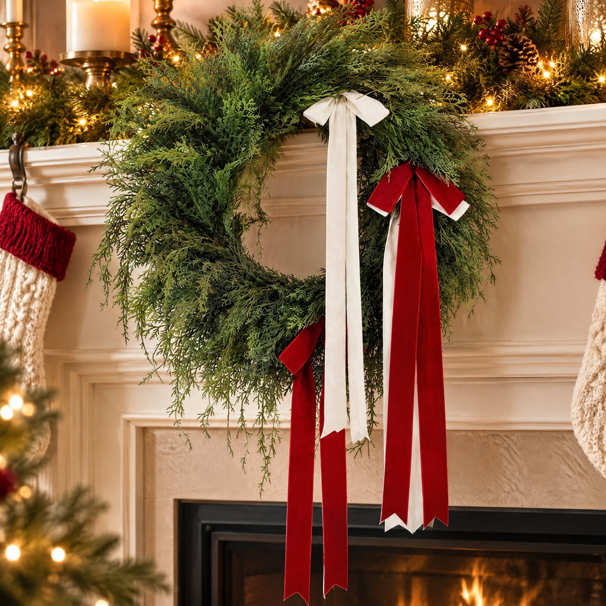 Evergreen Artificial Christmas Wreath with Bows, Green/Red/White, 24", by Holiday Time
