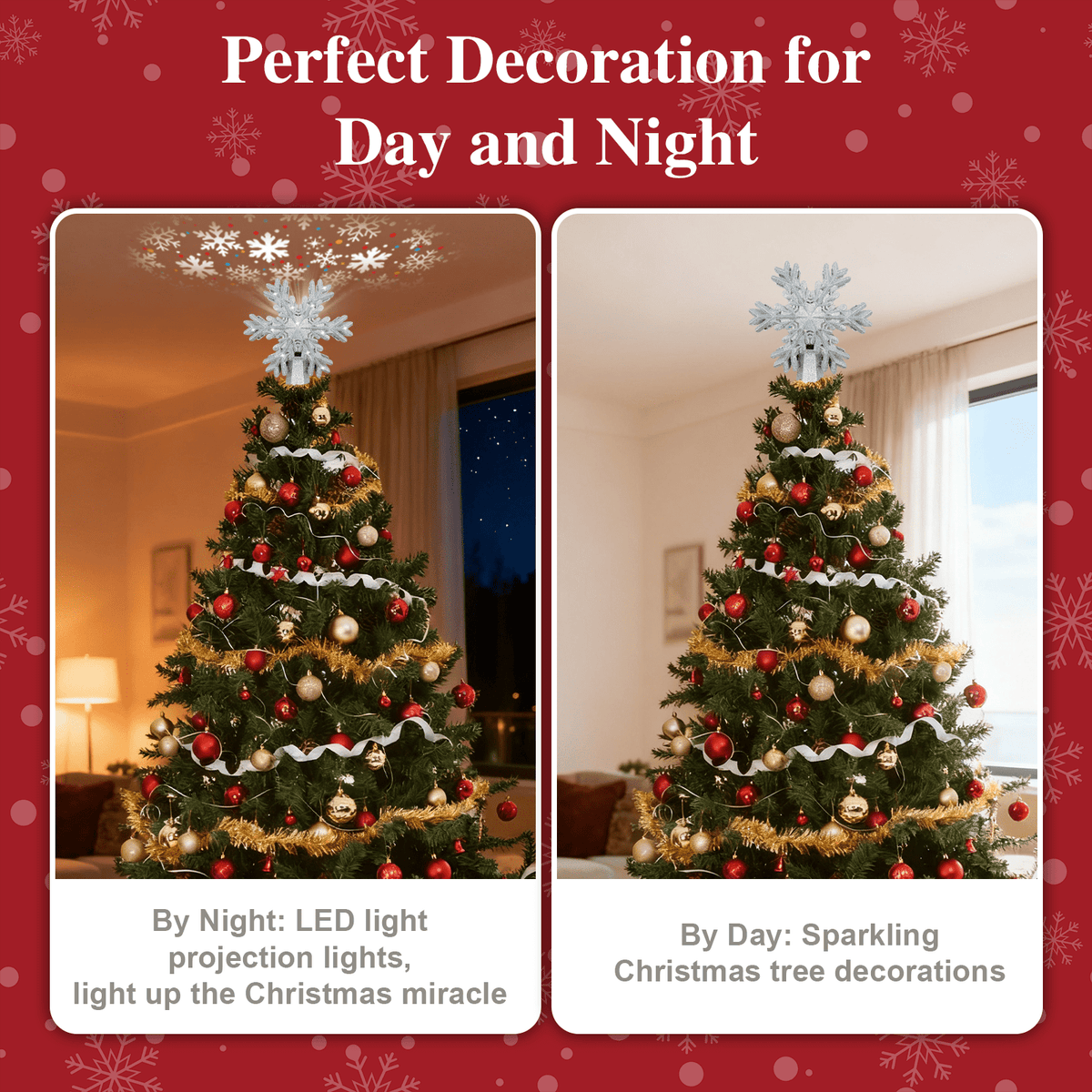 Christmas Tree Topper Lighted with Snowflake Projector, LED Rotating Magic Snowflake, 3D Hollow Glitter Lighted Snow Tree Toppers for Christmas Party Holiday Indoor Decor, Sliver