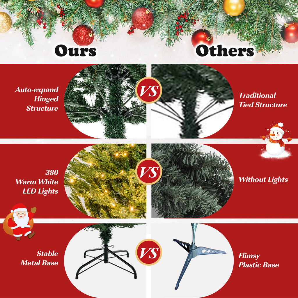 Topbuy 6FT Artificial Christmas Tree Pre-lit Xmas Tree with 280 Warm White LED Lights 8 Lighting Modes 788 PE & PVC Branch Tips