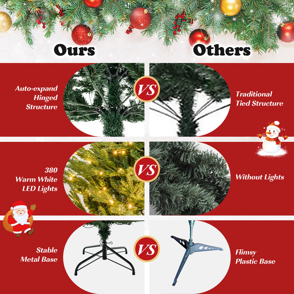 Topbuy 6FT Artificial Christmas Tree Pre-lit Xmas Tree with 280 Warm White LED Lights 8 Lighting Modes 788 PE & PVC Branch Tips