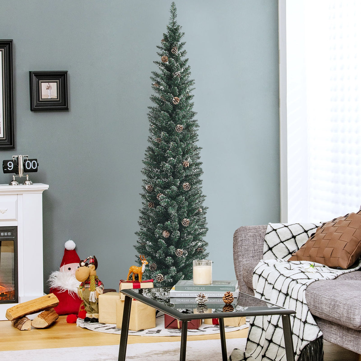 Topbuy 5FT Slim Pencil Tree Snowy Artificial Christmas Tree with 214 PVC Branch Tips & 25 Pine Cones Full Holiday Decoration Tree for Xmas