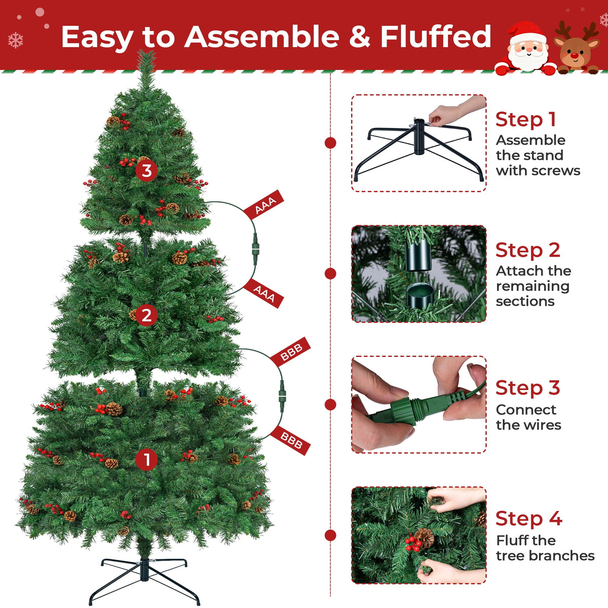 Firstness 5ft Pre-Lit Artificial Christmas Tree with 11 Lighting Modes, Xmas Tree with 625 Branch Tips,Pine Cones and Red Berries