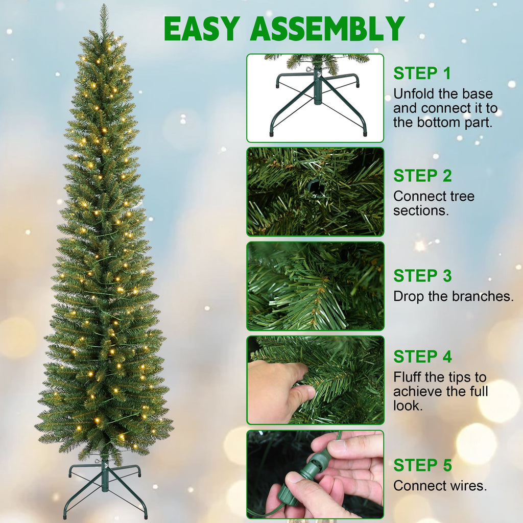 Bringstar 6FT Pre-Lit Pencil Christmas Tree,Green Artificial Xmas Trees, 150 LED Warm White Lights