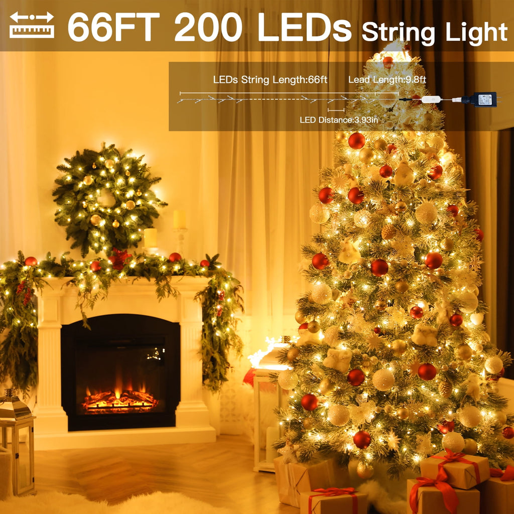 Ollny 66ft 200 LED Christmas String Lights , 8 Lighting Modes 3 Timing Waterproof Indoor Outdoor Xmas Decorative Lights, Warm-white