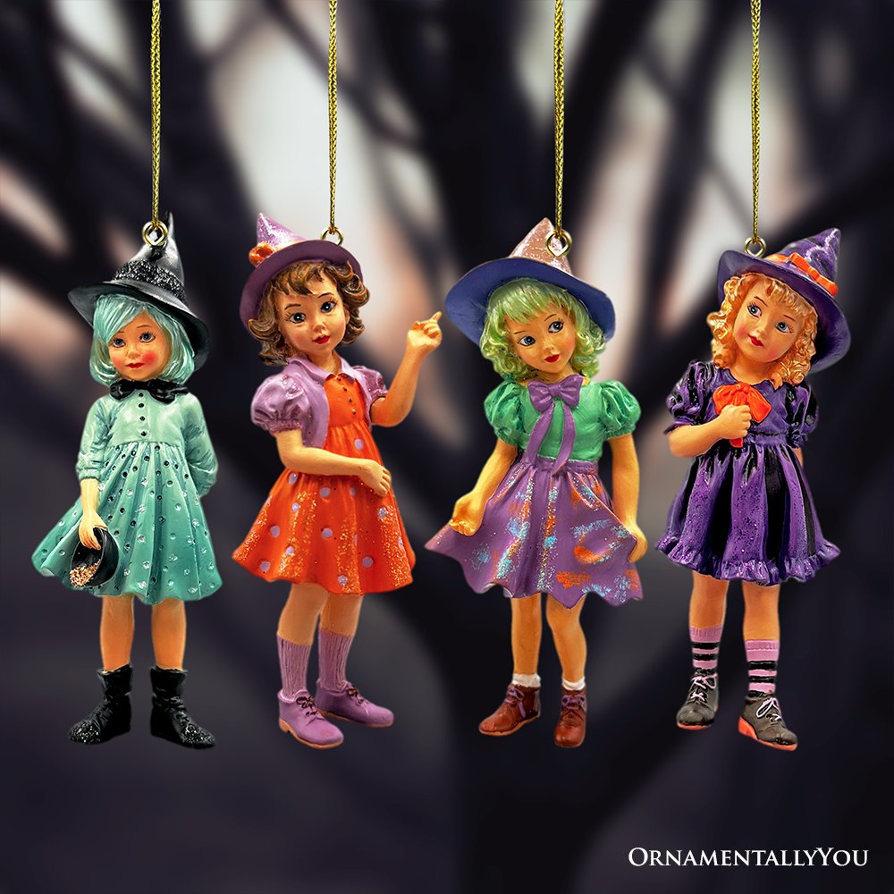 Classic Victorian Little Witch Girls Set of 4 Ornaments, Vintage Halloween Tree Resin Decoration