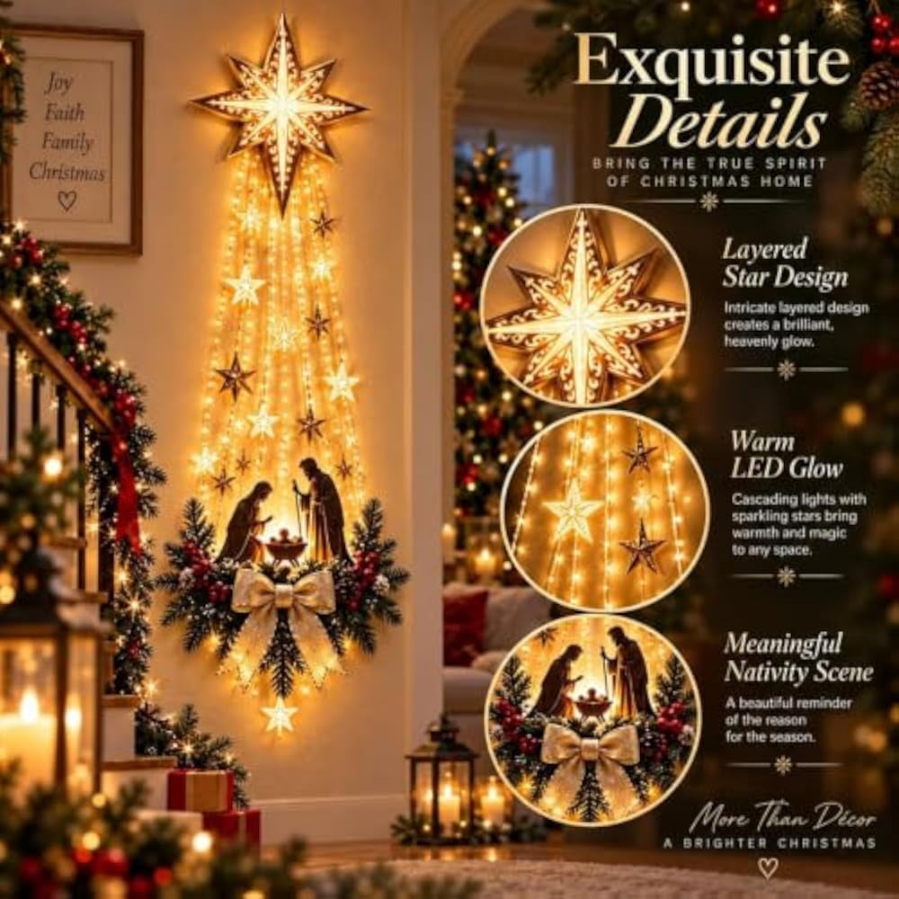 Lighted Nativity Bethlehem Star Wall Decor with Warm LED Lights, Gold, 1 Piece