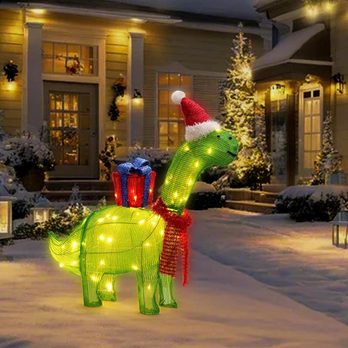 Lighted Christmas Decorations Outdoor/Indoor, 3D Christmas Dinosaur with Christmas Hat and Scarf, Christmas Decor for Home Yard Garden Holiday Party