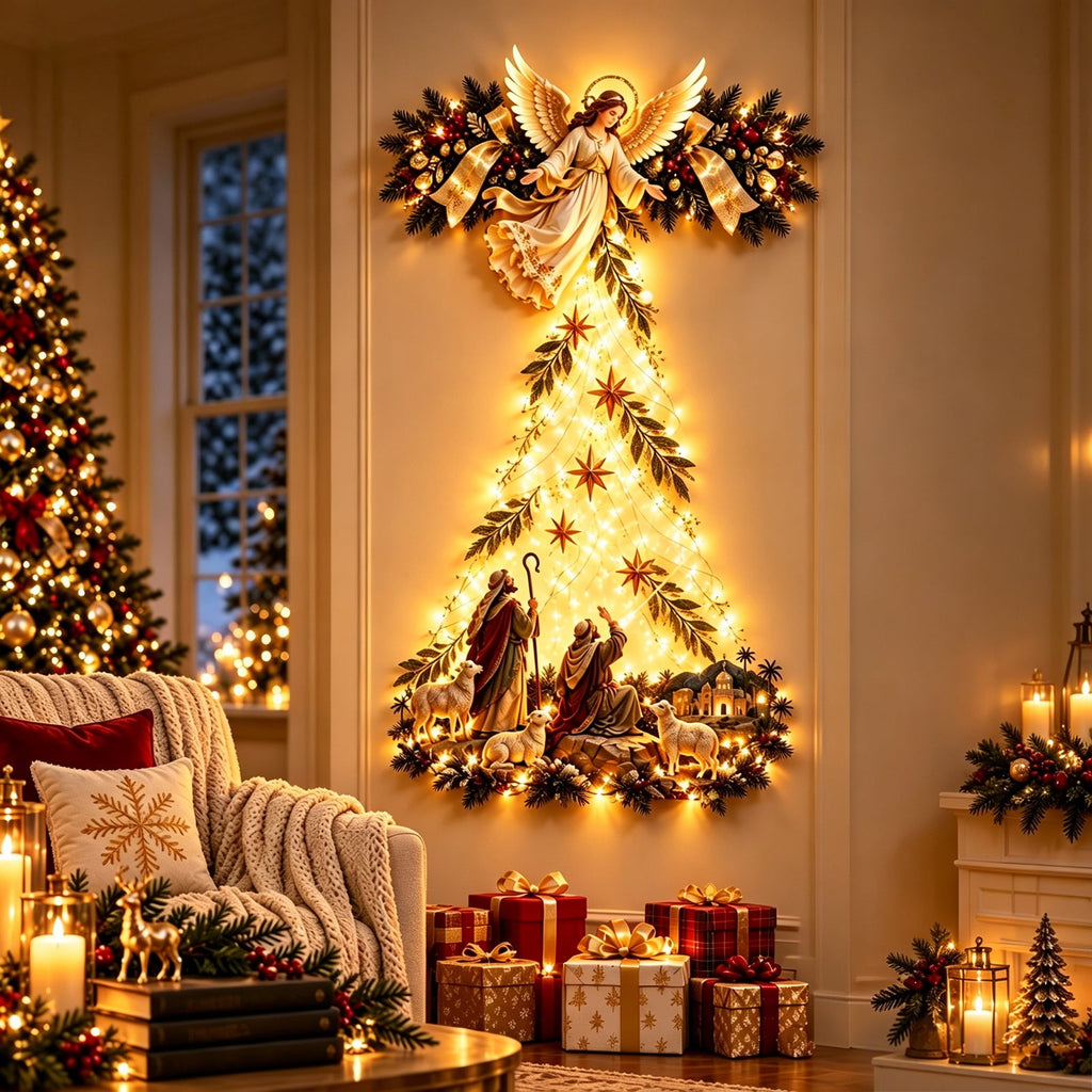 Bethlehem Star of Faith Lighted Nativity Wall Decor, Warm LED Christmas Hanging, Gold, Indoor Outdoor, Meaningful Holiday Gift C