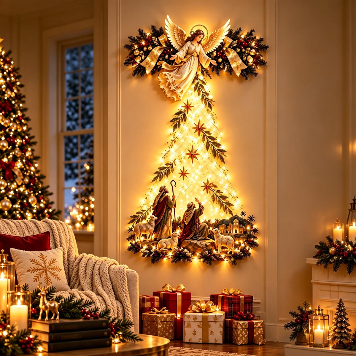 Bethlehem Star of Faith Lighted Nativity Wall Decor, Warm LED Christmas Hanging, Gold, Indoor Outdoor, Meaningful Holiday Gift C