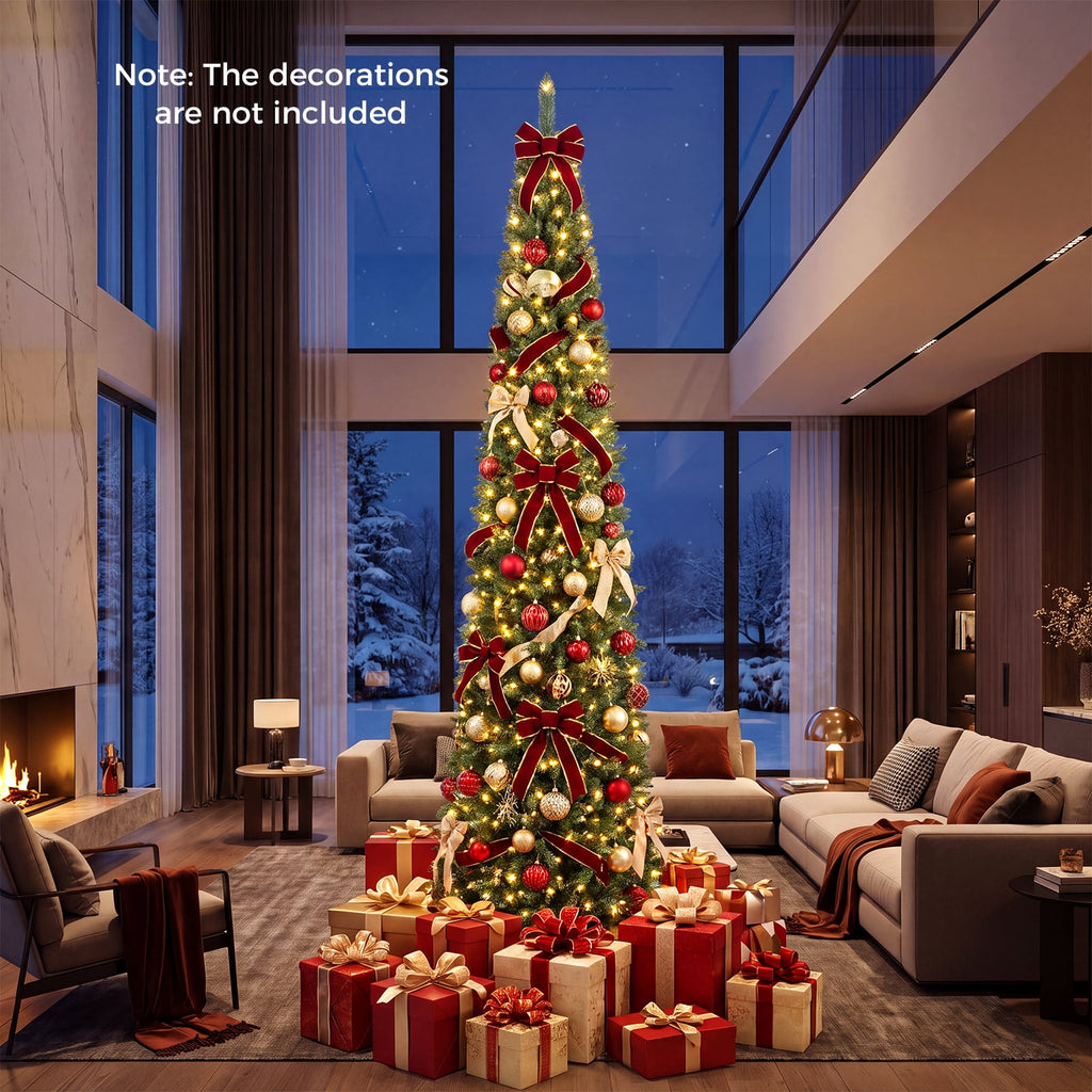 Gymax 9 FT Pre-Lit Artificial Christmas Tree Realistic Slim Pencil Xmas Tree