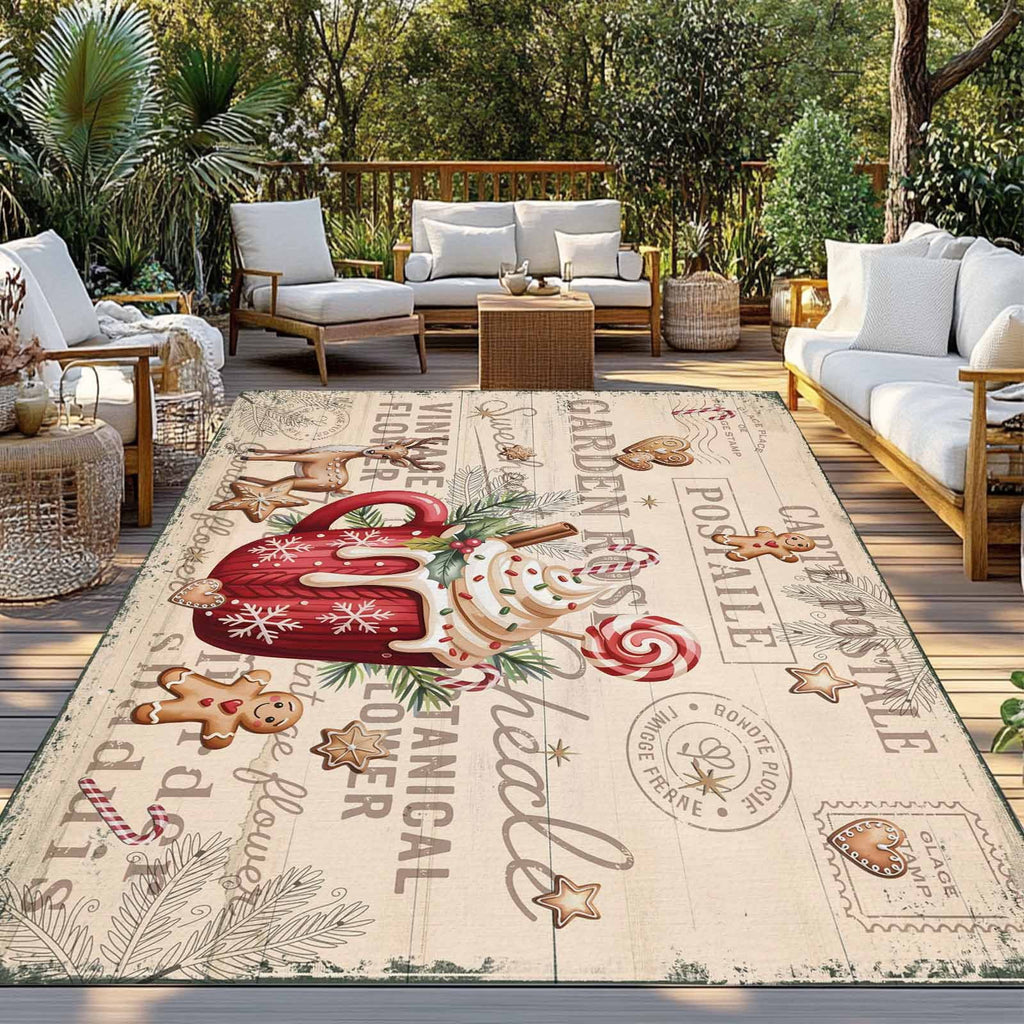 Christmas Outdoor Rug for Patio/Deck/Porch, Non-Slip Large Area Rug 6 x 9 Ft, Xmas Deer Ice Cream Cookies Candy Pine Needles Indoor Outdoor Rugs Washable Area Rugs, Camping Rug Carpet Runner