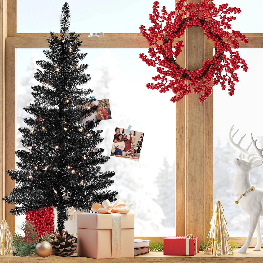 Bringstar 4FT Silver Artificial Christmas Tree with 50 String Lights, Mini Tinsel Tree, Not Pre-Lit, for Halloween & Holiday Home & Office Décor