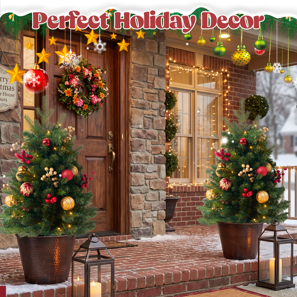 2 Pack 30 inch Prelit Outdoor Pathway Christmas Tree, Artificial Small Xmas Tree with Dual Color Berries & Balls, 30 Battery Operated Warm Lights for Holiday New Year Winter Patio Driveway Yard Lawn