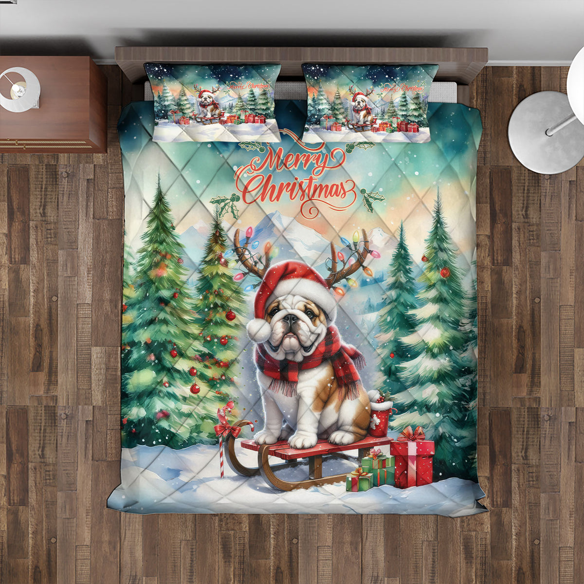 Merry Christmas Santa Reindeer Antlers French Bulldog Sleigh Xmas Winter Holiday Quilt Bedding Set Dog Lover Gifts 1 Blanket Bed Cover 2 Pillowcases - 00023