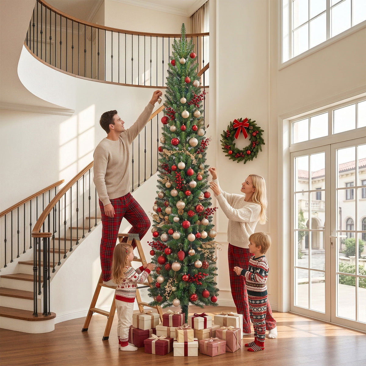 Goosiay Pre-Lit Pencil Artificial Christmas Tree, 6ft Xmas Tree with Metal Stand for Christmas Decoration, Green