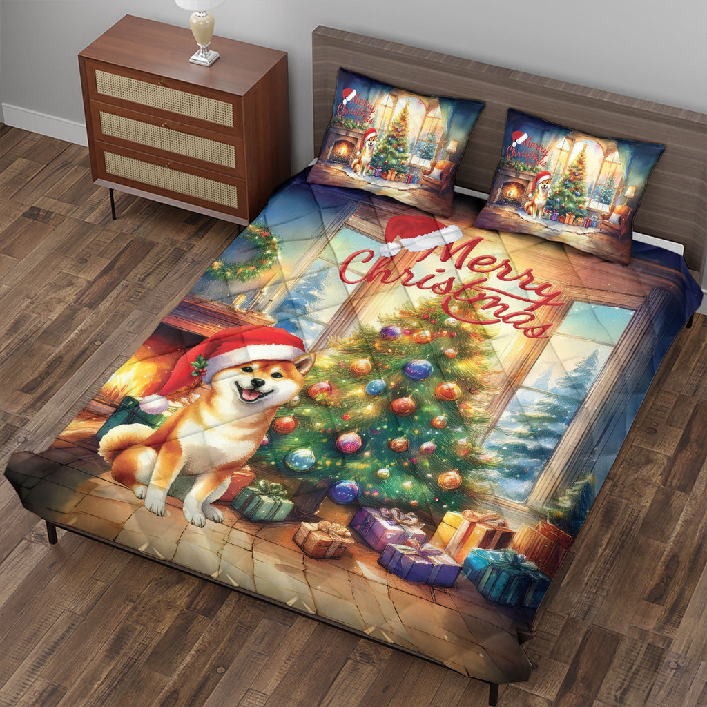 Merry Christmas French Bulldog Santa Hat Xmas Tree Winter Holiday Quilt Bedding Set Dog Lover Gifts 1 Blanket Bed Cover 2 Pillowcases - 01013