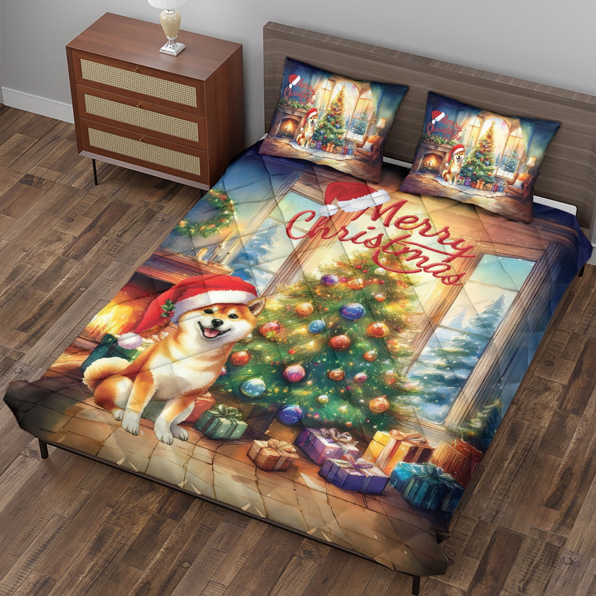 Merry Christmas French Bulldog Santa Hat Xmas Tree Winter Holiday Quilt Bedding Set Dog Lover Gifts 1 Blanket Bed Cover 2 Pillowcases - 01013