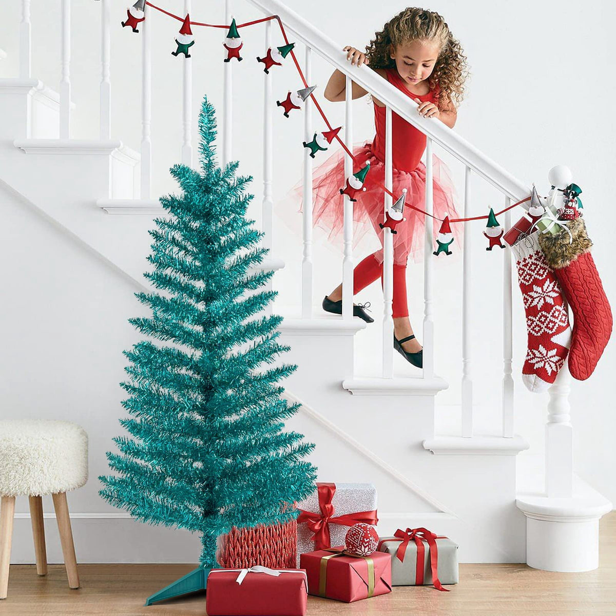 Bringstar 4FT Silver Artificial Christmas Tree with 50 String Lights, Mini Tinsel Tree, Not Pre-Lit, for Halloween & Holiday Home & Office Décor