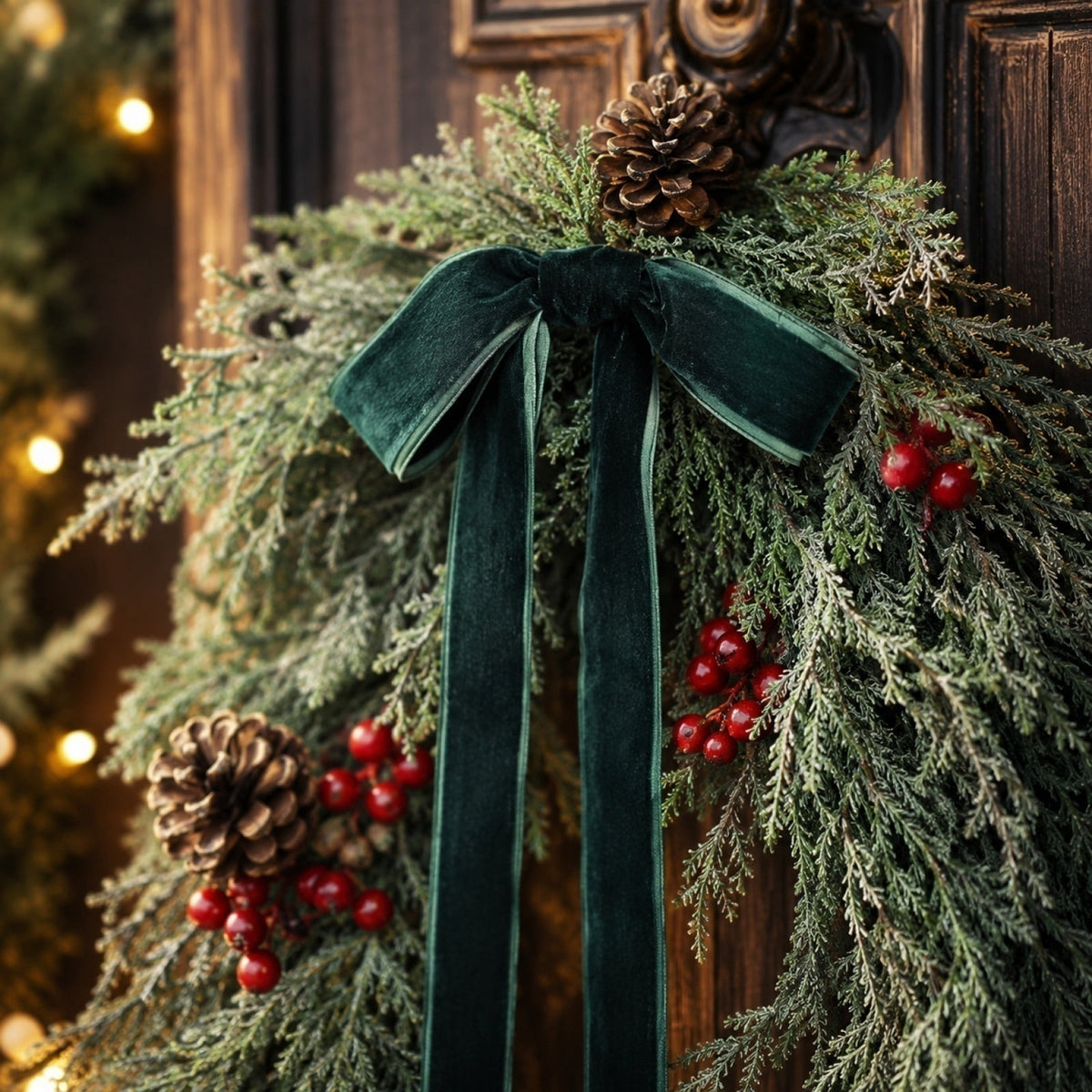 THOPBPRK Artificial Cedar Half Wreath for Front Door Christmas Decorations DIY Holiday with Bow Winter Hanging Ornament for Wall Window Home Decor, 23.6" A