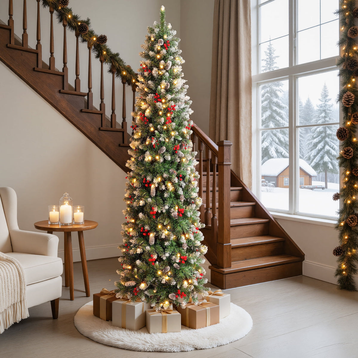 Aufeile 6ft Pencil Christmas Tree, Slim Pre-Lit Xmas Tree, 200 LED Lights, 600 Hinged Tips, Pine Cones, Berries, Metal Stand