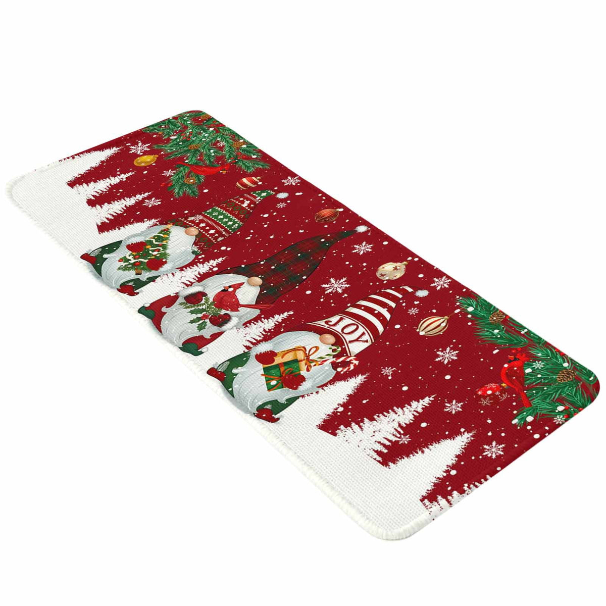 Hallway Runner Rug 31.5"x78.7",Christmas Gnomes Absorbent Non Slip Indoor Outdoor Carpet,Red Joy Pine Branches Cardinal Birds Low Profile Runner Rugs for Corridor Kitchen Laundry Room Entryway