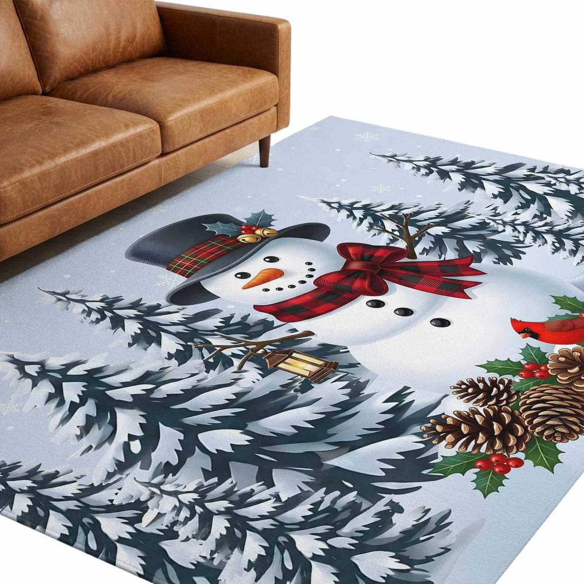 5x7 Area Rugs, Light Blue Snowman Christmas Non-Skid Rubber Backing Large Rectangle Rugs - Living Room Bedroom Home Office, Xmas Pinecone Tree Snowflake Indoor Floor Mat Carpets Washable Rug